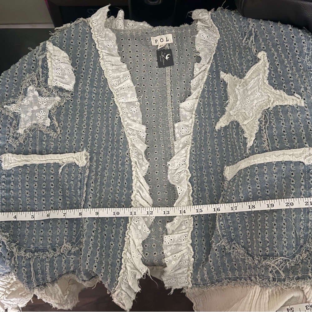 POL Light Blue & Cream Eyelet Star Patch Ruffle Jacket - Picture 4 of 6